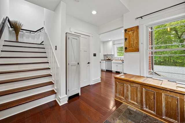 135 Poplar Dr, Cheshire, CT 06410 - entryway with dark wood-type flooring, recessed lighting, stairs, and baseboards