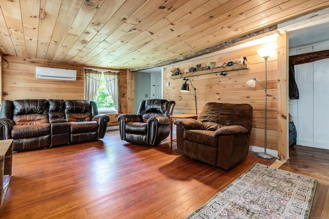 538 Scotland Rd, Norwich, CT 06360 - living room with a wall mounted AC, wood-type flooring, wood walls, and wood ceiling