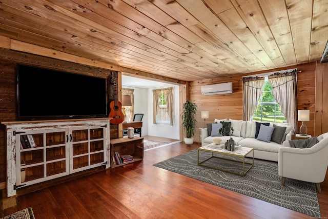 538 Scotland Rd, Norwich, CT 06360 - living room with a wall unit AC, wood-type flooring, plenty of natural light, wooden walls, and wooden ceiling