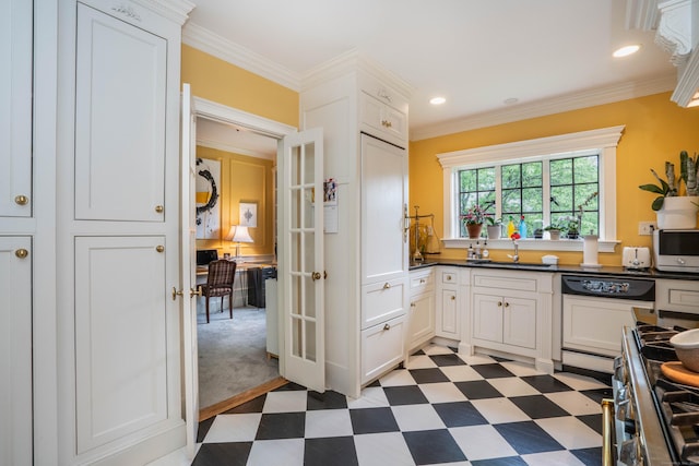 182 Fern St Apt 4, West Hartford, CT 06119 - kitchen featuring light floors, dishwashing machine, stainless steel range with gas cooktop, white cabinets, and dark countertops