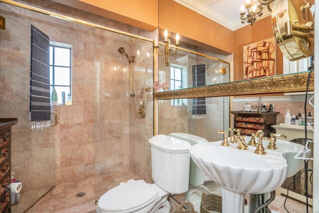 182 Fern St Apt 4, West Hartford, CT 06119 - bathroom featuring a chandelier, ornamental molding, toilet, tiled shower, and tile walls