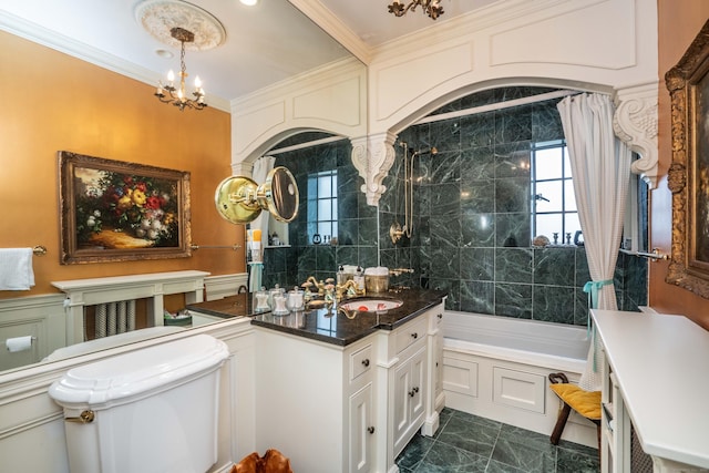 182 Fern St Apt 4, West Hartford, CT 06119 - bathroom featuring bathtub / shower combination, toilet, ornamental molding, vanity, and a chandelier