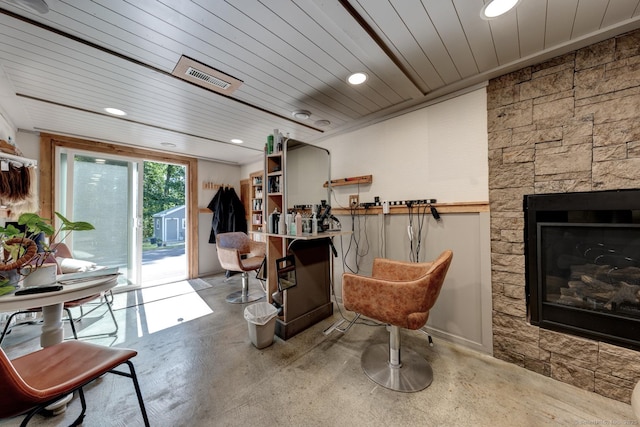 21 Elm St, Southington, CT 06479 - bar with wooden ceiling, recessed lighting, finished concrete floors, and a stone fireplace