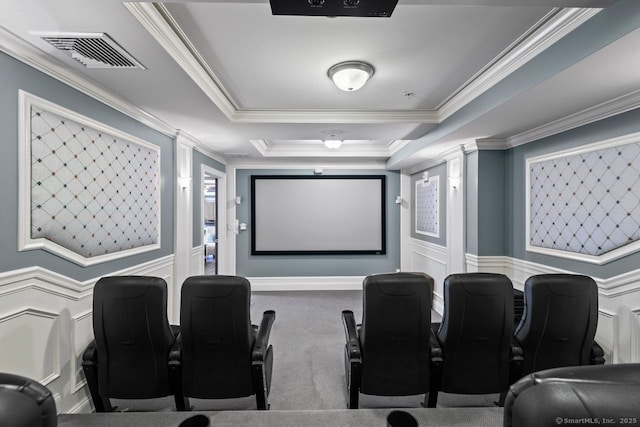 461 Bank St Unit 410, New London, CT 06320 - carpeted home theater with ornamental molding, a decorative wall, a tray ceiling, and a wainscoted wall