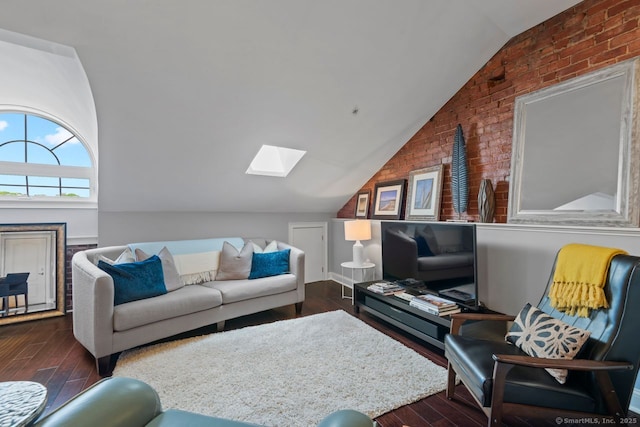 461 Bank St Unit 410, New London, CT 06320 - living room featuring a skylight, lofted ceiling, dark wood-style flooring, and brick wall