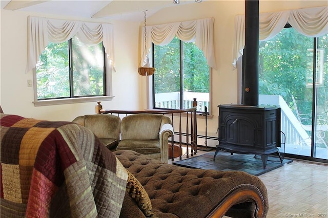 3 Abbey Ln, Shelton, CT 06484 - living area featuring a wood stove, healthy amount of natural light, and a baseboard heating unit