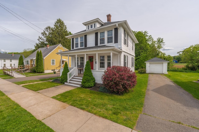 36 Whiton St, Windsor Locks, CT 06096 - american foursquare style home featuring covered porch, an outbuilding, a detached garage, a chimney, and a front yard