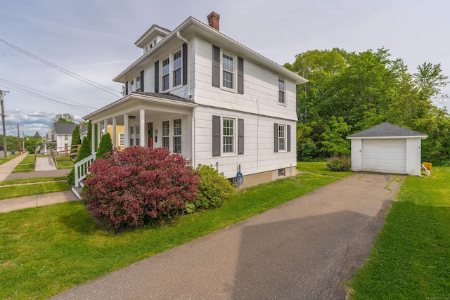 36 Whiton St, Windsor Locks, CT 06096 - view of property exterior featuring an outdoor structure, a chimney, covered porch, a detached garage, and a lawn