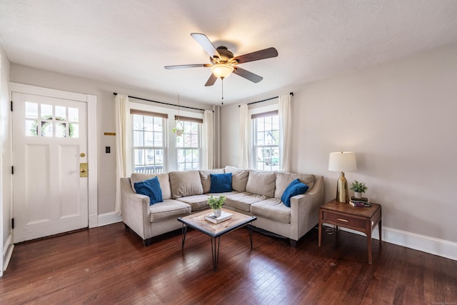 36 Whiton St, Windsor Locks, CT 06096 - living room featuring plenty of natural light, dark wood-style floors, ceiling fan, and baseboards