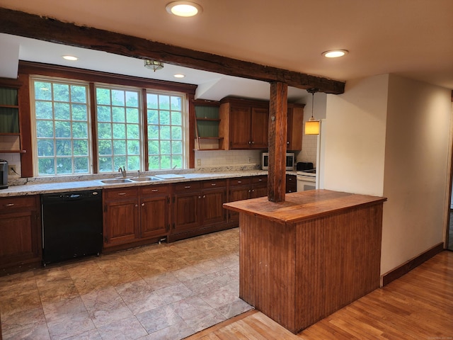 749 W Rd, Salem, CT 06420 - kitchen with dishwasher, open shelves, decorative backsplash, a sink, and wooden counters