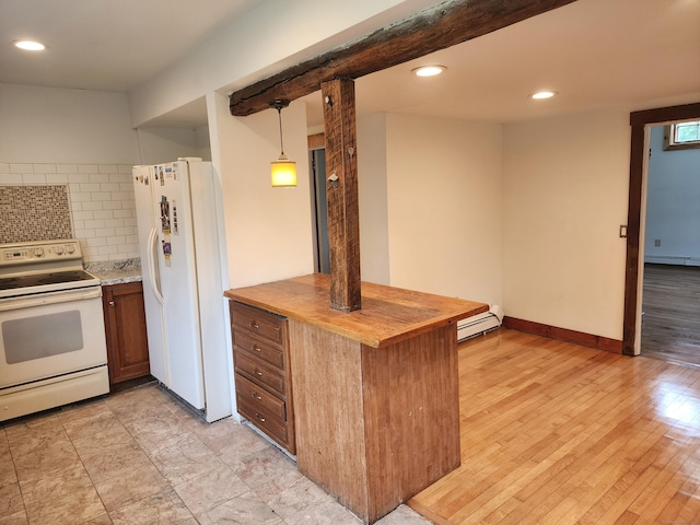 749 W Rd, Salem, CT 06420 - kitchen featuring white appliances, wooden counters, baseboard heating, recessed lighting, and a peninsula