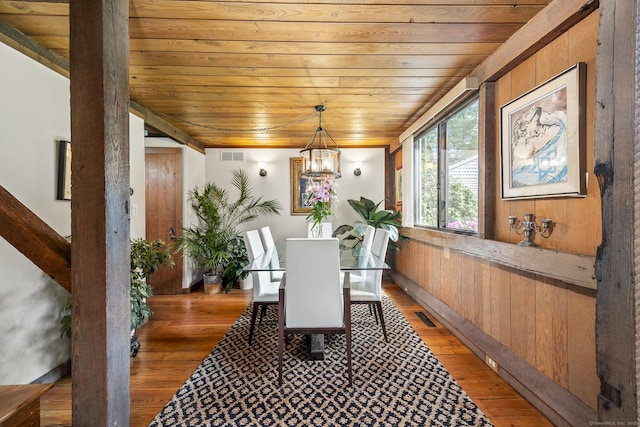 18 Grey Fox Trl, Woodbury, CT 06798 - dining space featuring wood ceiling, light wood finished floors, wooden walls, and a chandelier