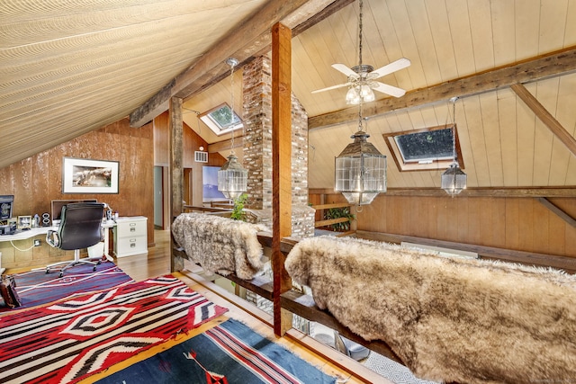 18 Grey Fox Trl, Woodbury, CT 06798 - office area featuring wooden walls, hardwood / wood-style floors, wooden ceiling, a ceiling fan, and a skylight