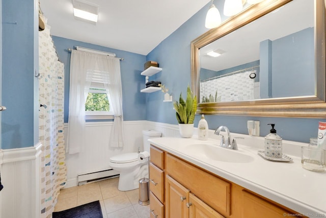 278 High St, Bristol, CT 06010 - bathroom featuring baseboard heating, a wainscoted wall, vanity, tile patterned floors, and toilet