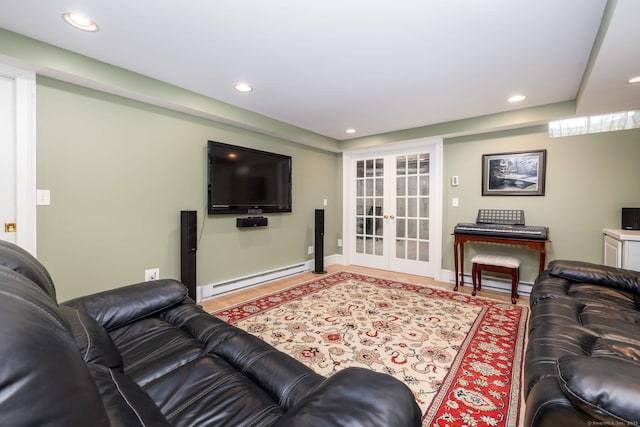 66 Great Pond Rd, Glastonbury, CT 06073 - living area with a baseboard heating unit, french doors, recessed lighting, baseboards, and baseboard heating