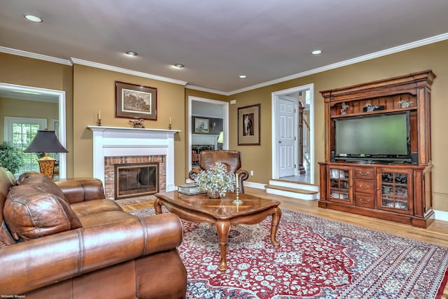 16 Black Rock Tpke, Redding, CT 06896 - living room featuring wood finished floors, ornamental molding, a fireplace, baseboards, and recessed lighting