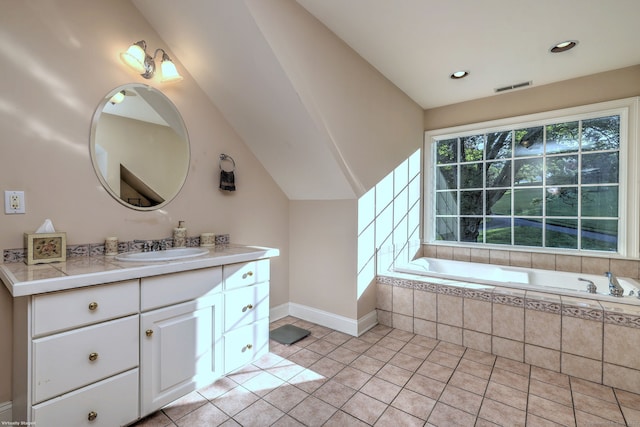 16 Black Rock Tpke, Redding, CT 06896 - bathroom with vanity, tile patterned flooring, a bath, recessed lighting, and baseboards