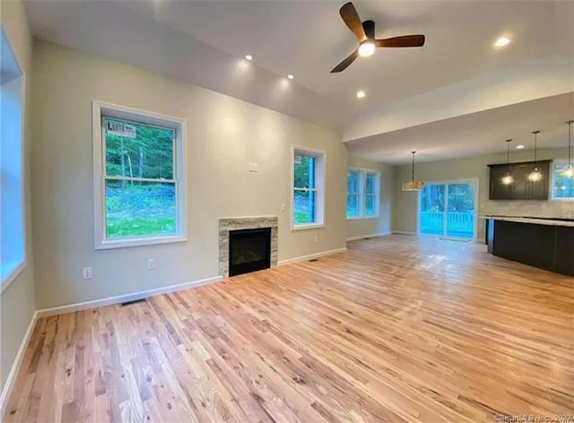LOT5 Ratlum Mountain Rd, Barkhamsted, CT 06063 - unfurnished living room with a fireplace, light wood-style floors, ceiling fan, baseboards, and vaulted ceiling