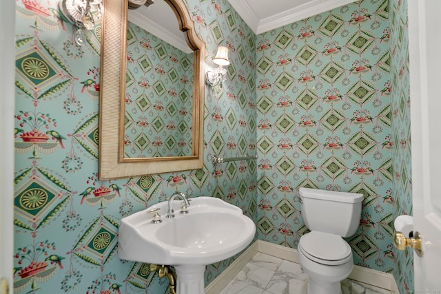 2 Governors Row Unit 2, West Hartford, CT 06117 - half bath featuring ornamental molding, marble look tiles, toilet, baseboards, and wallpapered walls
