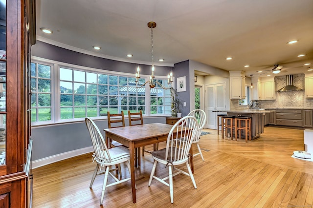 691 Buttonball Rd, Orange, CT 06477 - dining space with a chandelier, light wood-style flooring, recessed lighting, baseboards, and a ceiling fan