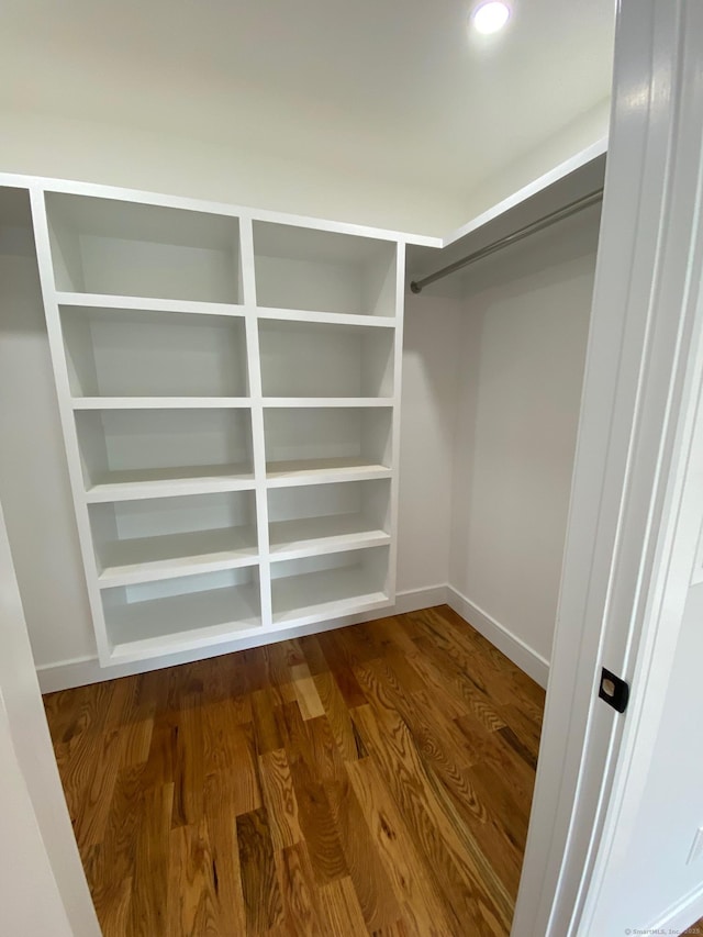 walk in closet with dark wood finished floors
