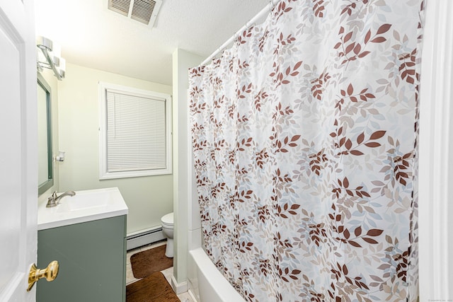 92 Blakeslee Ave, North Haven, CT 06473 - full bath featuring a baseboard heating unit, vanity, toilet, a textured ceiling, and shower / bath combination with curtain
