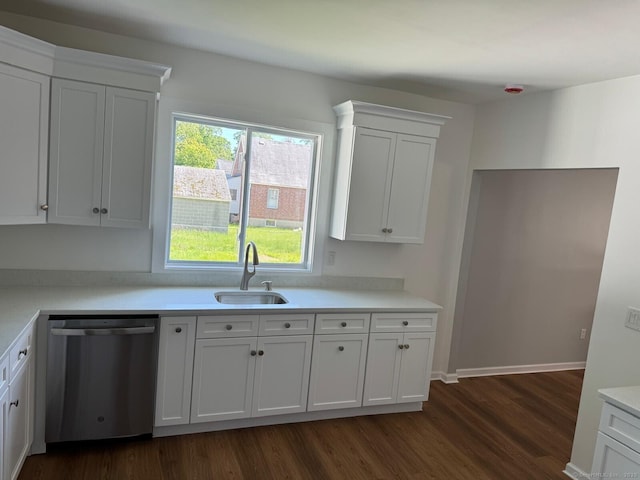 187 Jewett Ave, Bridgeport, CT 06606 - kitchen featuring dishwasher, a sink, dark wood finished floors, white cabinets, and light countertops