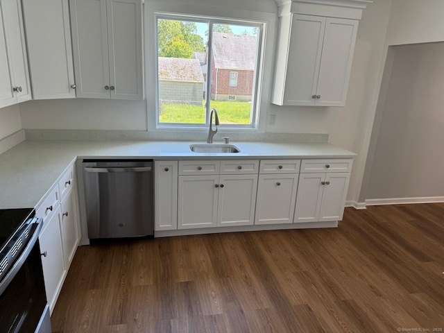 187 Jewett Ave, Bridgeport, CT 06606 - kitchen featuring stainless steel dishwasher, a sink, black electric range, and white cabinetry