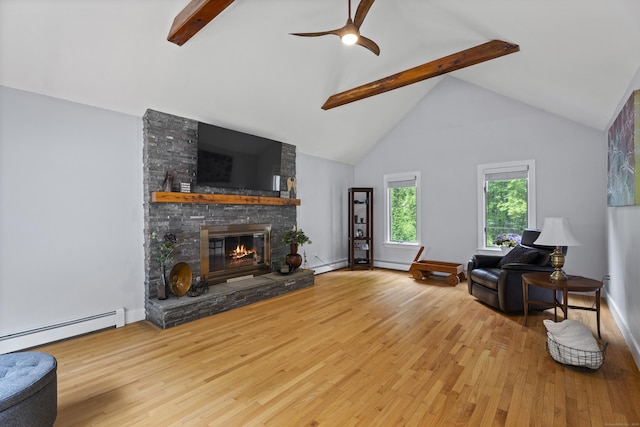 21 Corrina Ln, Salem, CT 06420 - living area featuring beamed ceiling, a fireplace, wood finished floors, high vaulted ceiling, and a ceiling fan