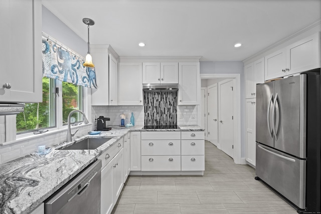21 Corrina Ln, Salem, CT 06420 - kitchen with appliances with stainless steel finishes, white cabinetry, a sink, tasteful backsplash, and recessed lighting