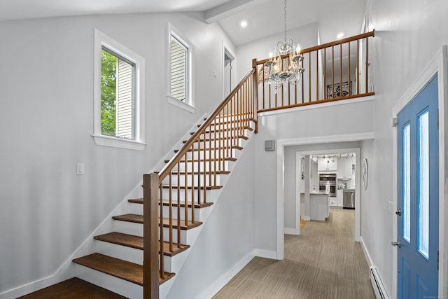 21 Corrina Ln, Salem, CT 06420 - stairway featuring a chandelier, baseboard heating, baseboards, recessed lighting, and lofted ceiling