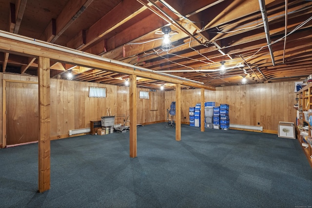 21 Corrina Ln, Salem, CT 06420 - basement with wood walls, carpet floors, and a baseboard radiator
