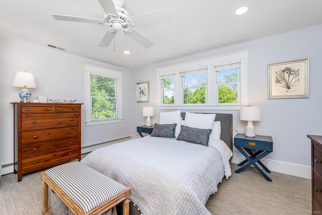 10 Fairfield Ave, Darien, CT 06820 - bedroom featuring a baseboard radiator, recessed lighting, baseboards, a ceiling fan, and light colored carpet
