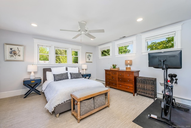 10 Fairfield Ave, Darien, CT 06820 - bedroom with baseboards, recessed lighting, a baseboard radiator, ceiling fan, and light carpet