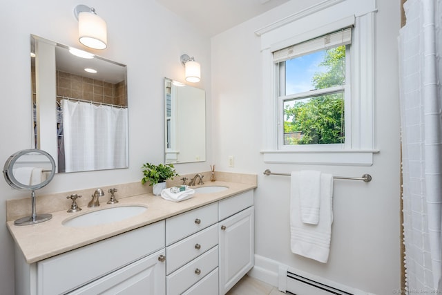 10 Fairfield Ave, Darien, CT 06820 - full bath with double vanity, a baseboard radiator, and a shower with curtain
