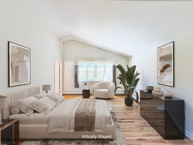 12 Rolling Ln, Norwalk, CT 06851 - bedroom with a baseboard radiator, vaulted ceiling, light wood-style floors, and baseboards