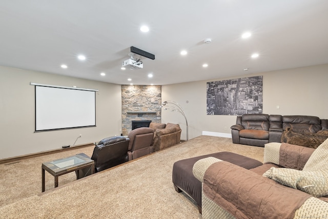 254 Haley Rd, Groton, CT 06355 - carpeted home theater featuring recessed lighting and a stone fireplace