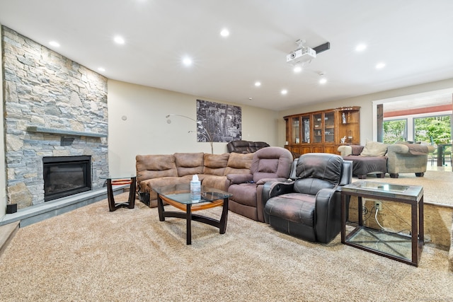 254 Haley Rd, Groton, CT 06355 - living area featuring recessed lighting, a fireplace, and carpet flooring