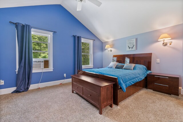 254 Haley Rd, Groton, CT 06355 - bedroom featuring vaulted ceiling, light colored carpet, multiple windows, ceiling fan, and cooling unit