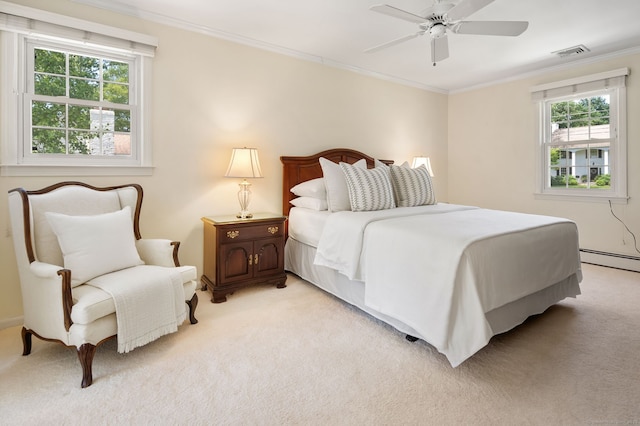 129 Brookmere Dr, Fairfield, CT 06824 - bedroom featuring light colored carpet, ornamental molding, baseboard heating, and ceiling fan