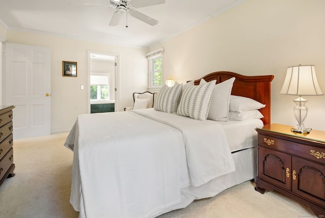 129 Brookmere Dr, Fairfield, CT 06824 - bedroom with light carpet, ornamental molding, and ceiling fan