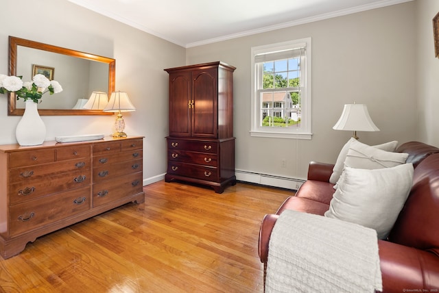 129 Brookmere Dr, Fairfield, CT 06824 - sitting room featuring baseboard heating, light wood-type flooring, and ornamental molding