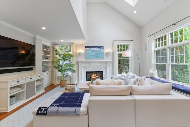 13 Witch Ln, Norwalk, CT 06853 - living area featuring a skylight, wood finished floors, a premium fireplace, recessed lighting, and high vaulted ceiling