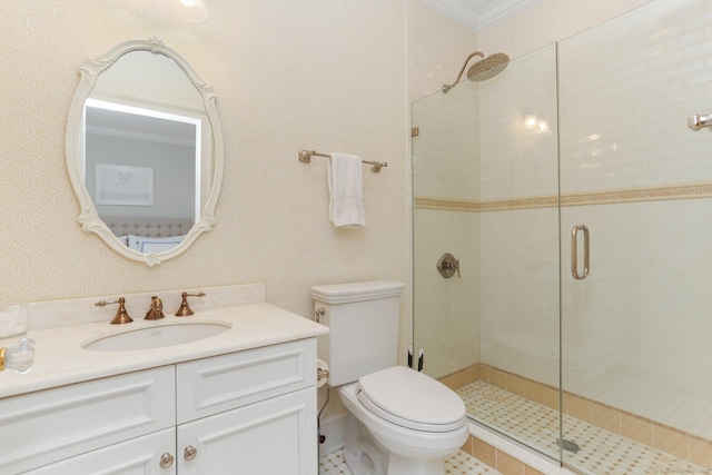 13 Witch Ln, Norwalk, CT 06853 - full bathroom featuring a shower stall, vanity, toilet, and crown molding