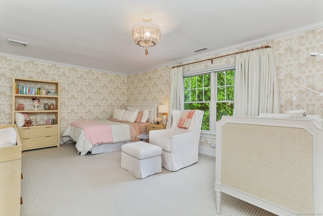 13 Witch Ln, Norwalk, CT 06853 - carpeted bedroom with wallpapered walls, crown molding, and a chandelier
