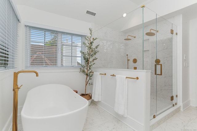 13 Witch Ln, Norwalk, CT 06853 - bathroom with a freestanding tub, marble finish flooring, a marble finish shower, and baseboards