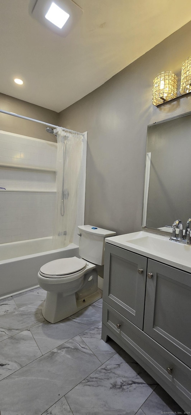 50 Greenhouse Rd Unit 41C, Bridgeport, CT 06606 - full bathroom with toilet, shower / bath combination with curtain, vanity, and marble finish flooring