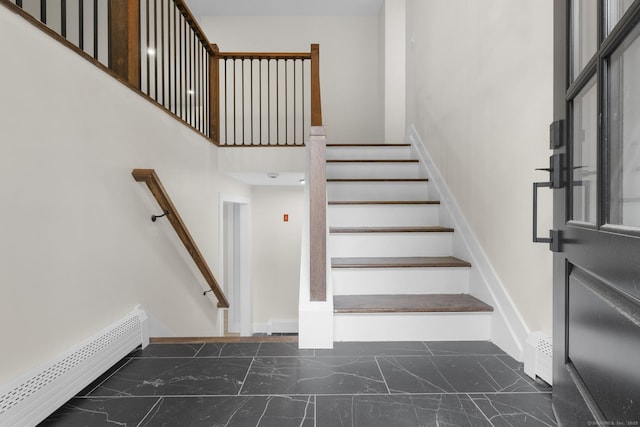 23 Aunt Pattys Ln W, Bethel, CT 06801 - stairs featuring baseboard heating, marble finish floors, and baseboards