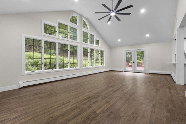 23 Aunt Pattys Ln W, Bethel, CT 06801 - unfurnished living room with high vaulted ceiling, ceiling fan, french doors, a baseboard radiator, and dark wood-type flooring