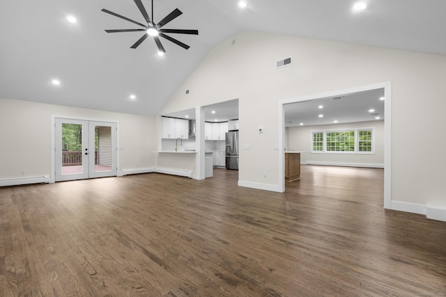 23 Aunt Pattys Ln W, Bethel, CT 06801 - unfurnished living room with french doors, a sink, ceiling fan, high vaulted ceiling, and dark wood-style flooring